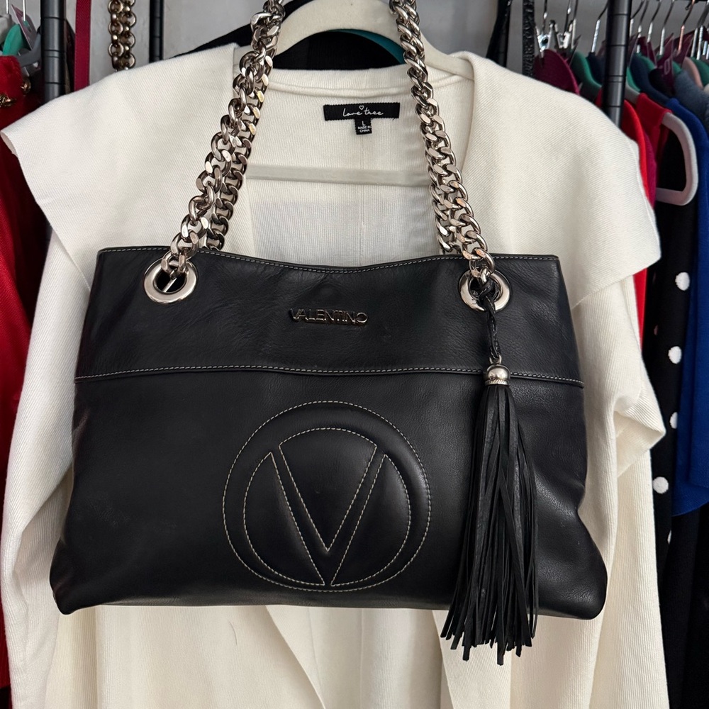 Mario Valentino Black Leather Shoulder Bag with Chain Straps. EUC